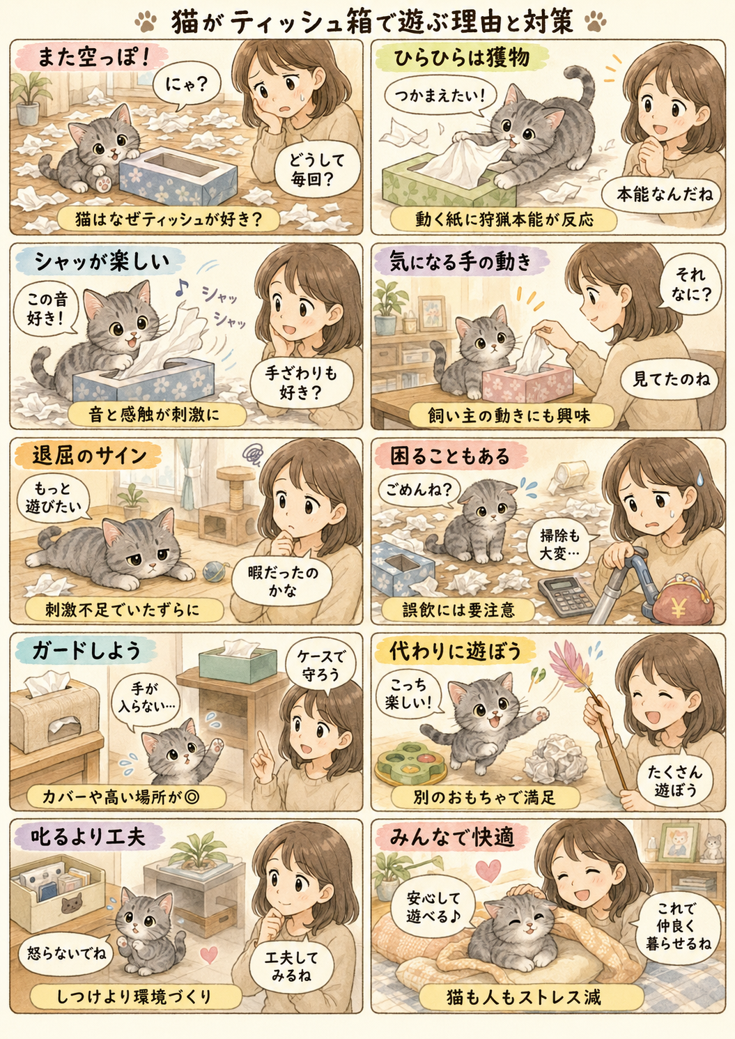猫にティッシュ箱を空にされる問題｜取り出し口ガードと代替遊び