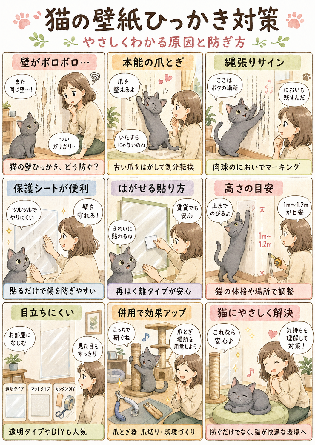 猫の壁紙破り対策｜保護シートの“剥がせる貼り方”と高さ