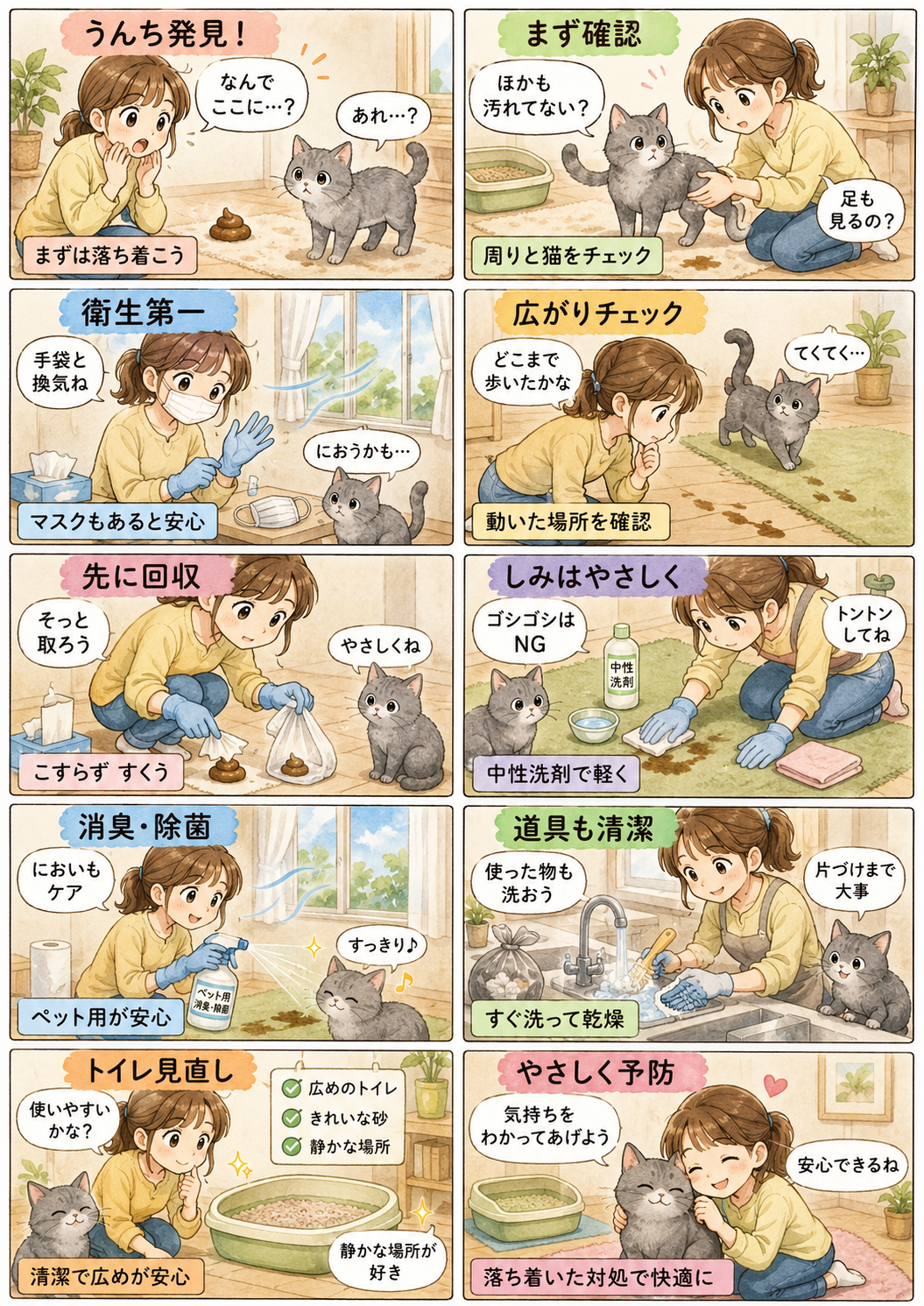 猫のうんち踏み伸ばし対処法｜固形回収→繊維から“掬い出す”洗い方