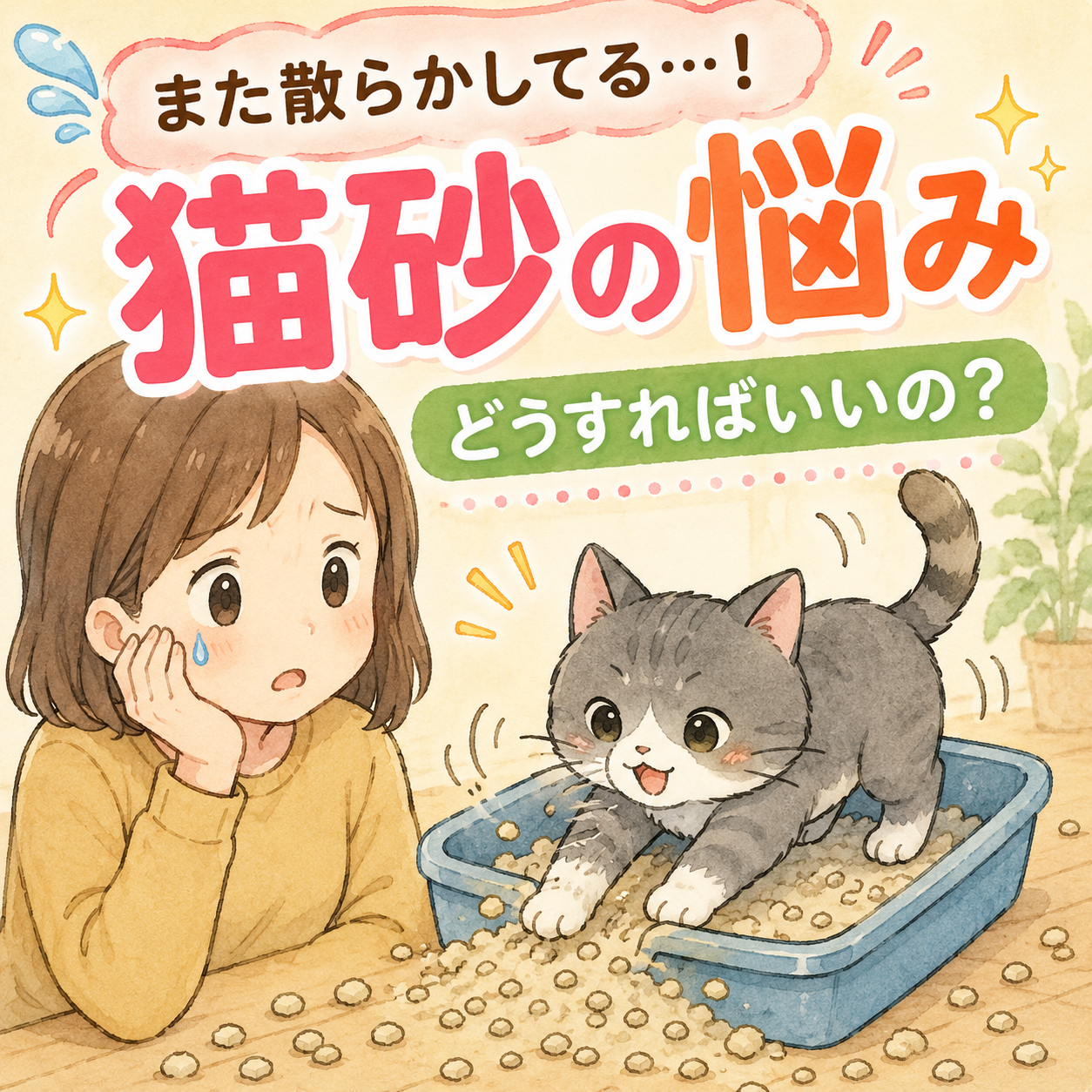 猫砂が飛び散る